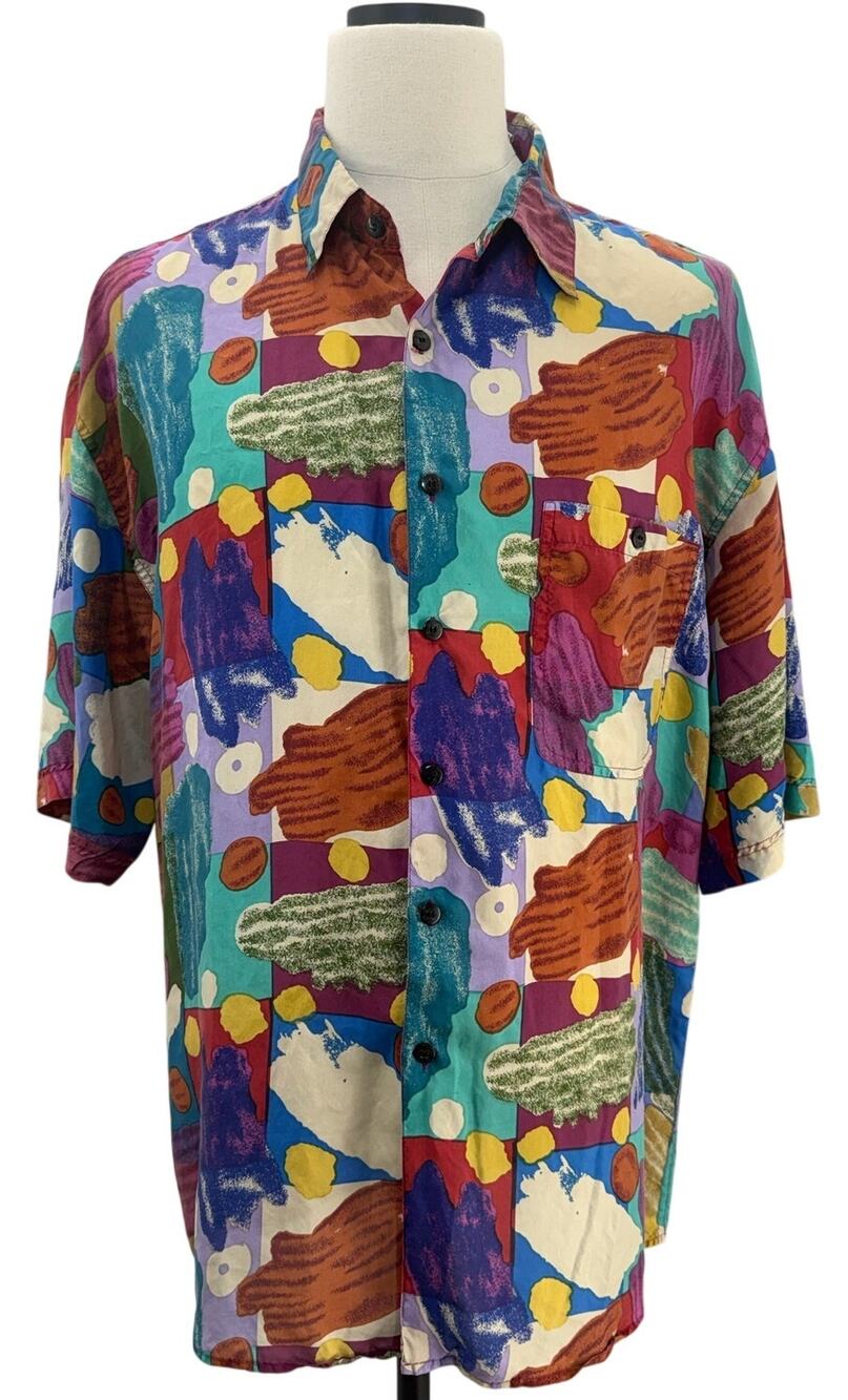 Vintage 90s Suma Silk Abstract Print Camp Shirt Men's XL Multicolor